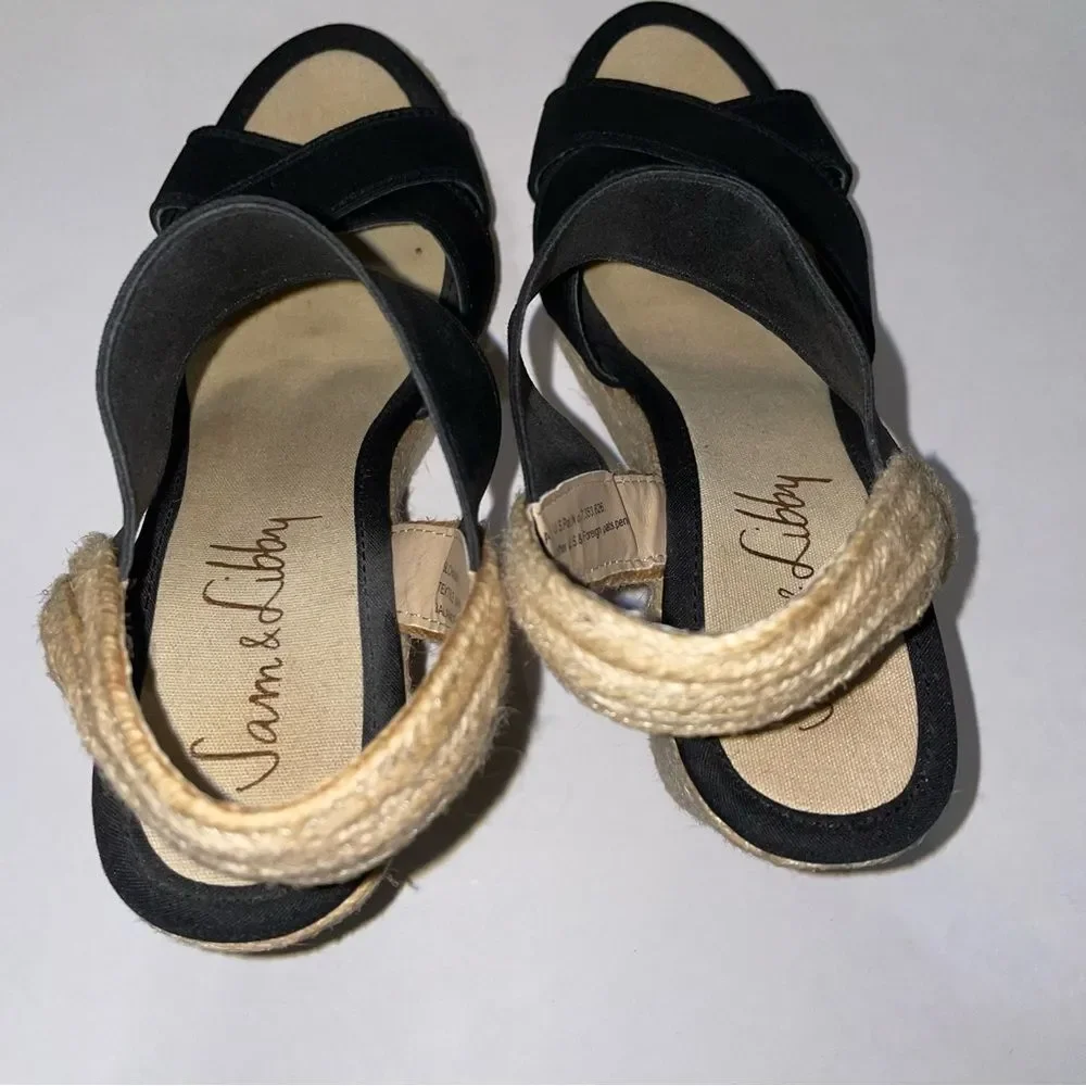San & Libby Espadrille Wedge Sandals Black Strappy Women's Size 8